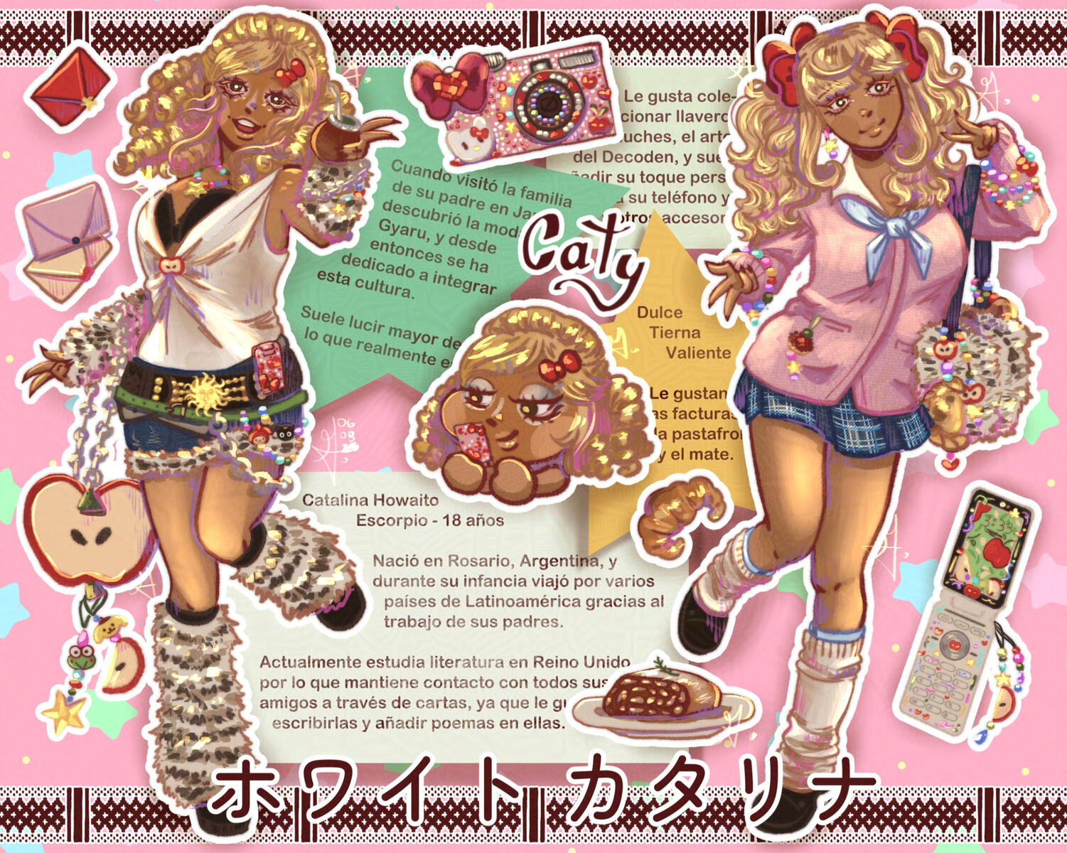 A tanned young adult, dressed as a Gyaru. The one on the left side, more inclined to Tsuyome gyaru, while the right one, is inclined to Kogal.
